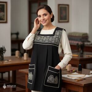 Traditional Mexican Cross-Stitch Embroidered Apron – Deluxe Artisan Smock Style
